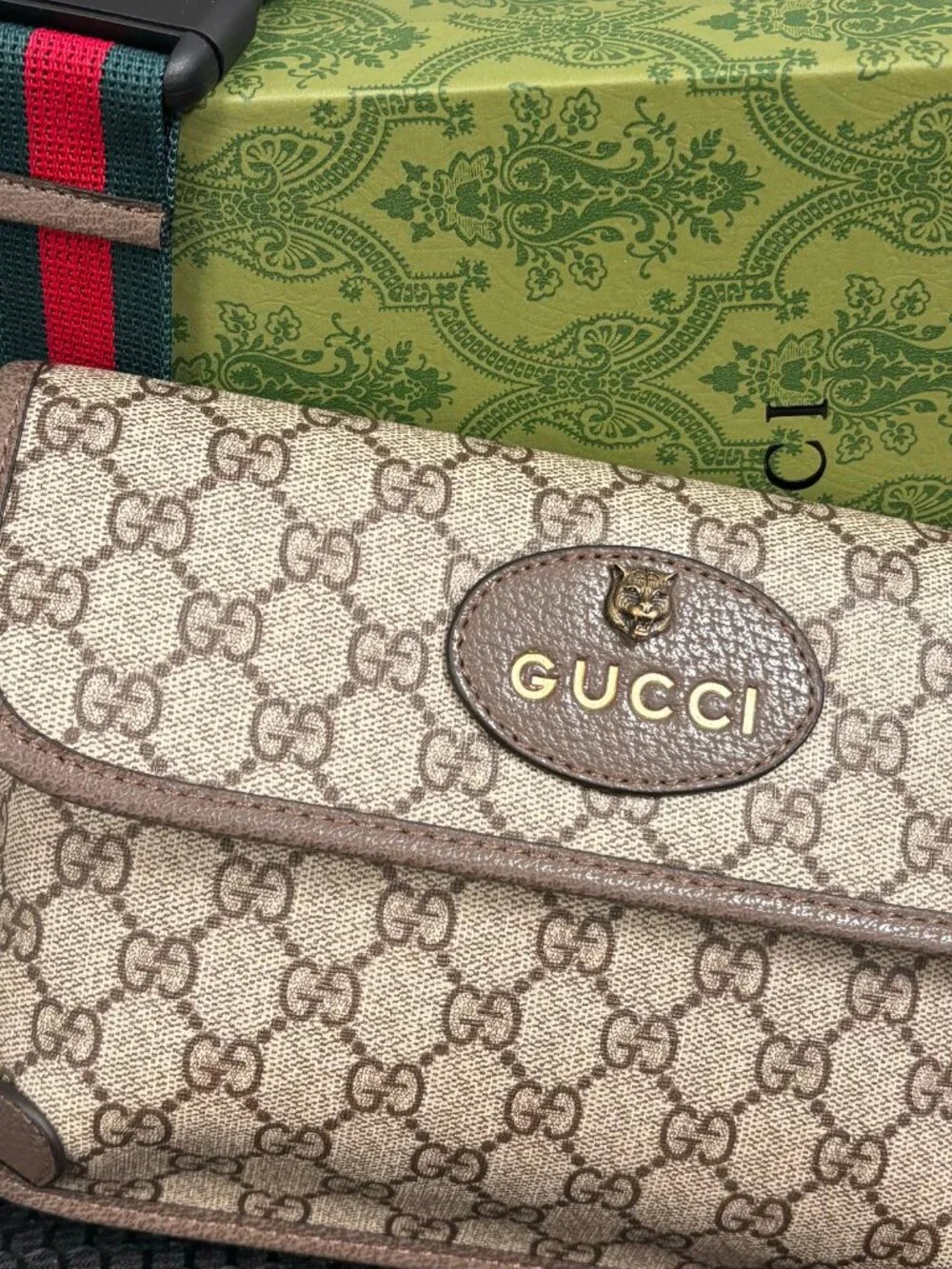 Gucci GG Supreme Tiger Head Waist Bag Crossbody Bag Web Strap